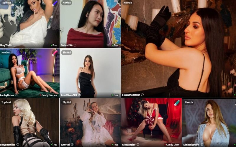 A collage of adult cam streamers posing in various outfits and settings, showcasing different hosts from live streaming platforms.