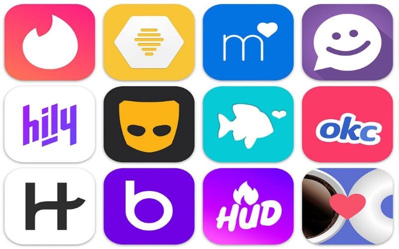 Collection of popular dating app logos, including Tinder, Bumble, OkCupid, and others, illustrating platforms for how to find singles online for free.