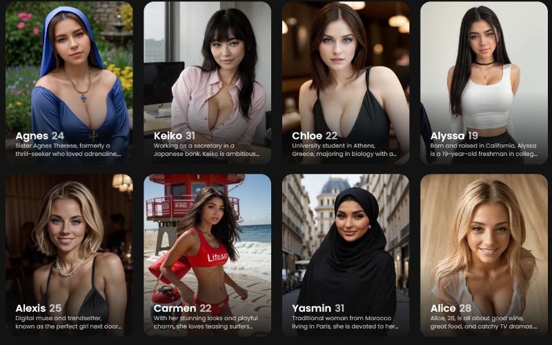 Profiles of diverse women with names, ages, and short descriptions, inviting users to connect in the best sex chat rooms.