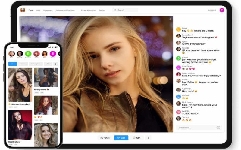 A tablet and smartphone displaying a live cam chat platform. The tablet shows a blonde woman in focus with an active chat on the side, while the smartphone showcases profile pictures of other users on the same platform.