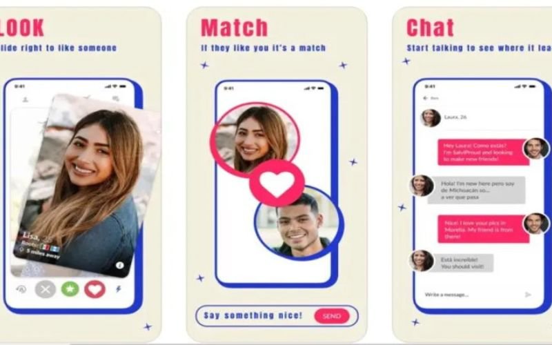 creenshot of a dating app interface showing features like Look, Match, and Chat, designed for connecting singles and fostering relationships.