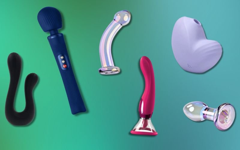 A selection of the best women's sex toys, including vibrators, glass dildos, and discreet massagers, displayed on a vibrant green background.