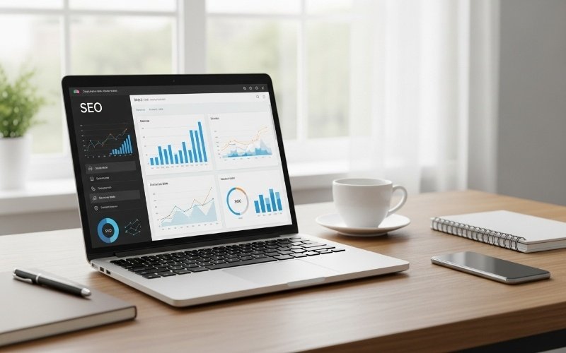 Laptop screen showing SEO analytics dashboard with graphs and charts, placed on a desk with a cup of coffee, smartphone, and notebook concept of analyzing data from Profile Backlinks Sites List.